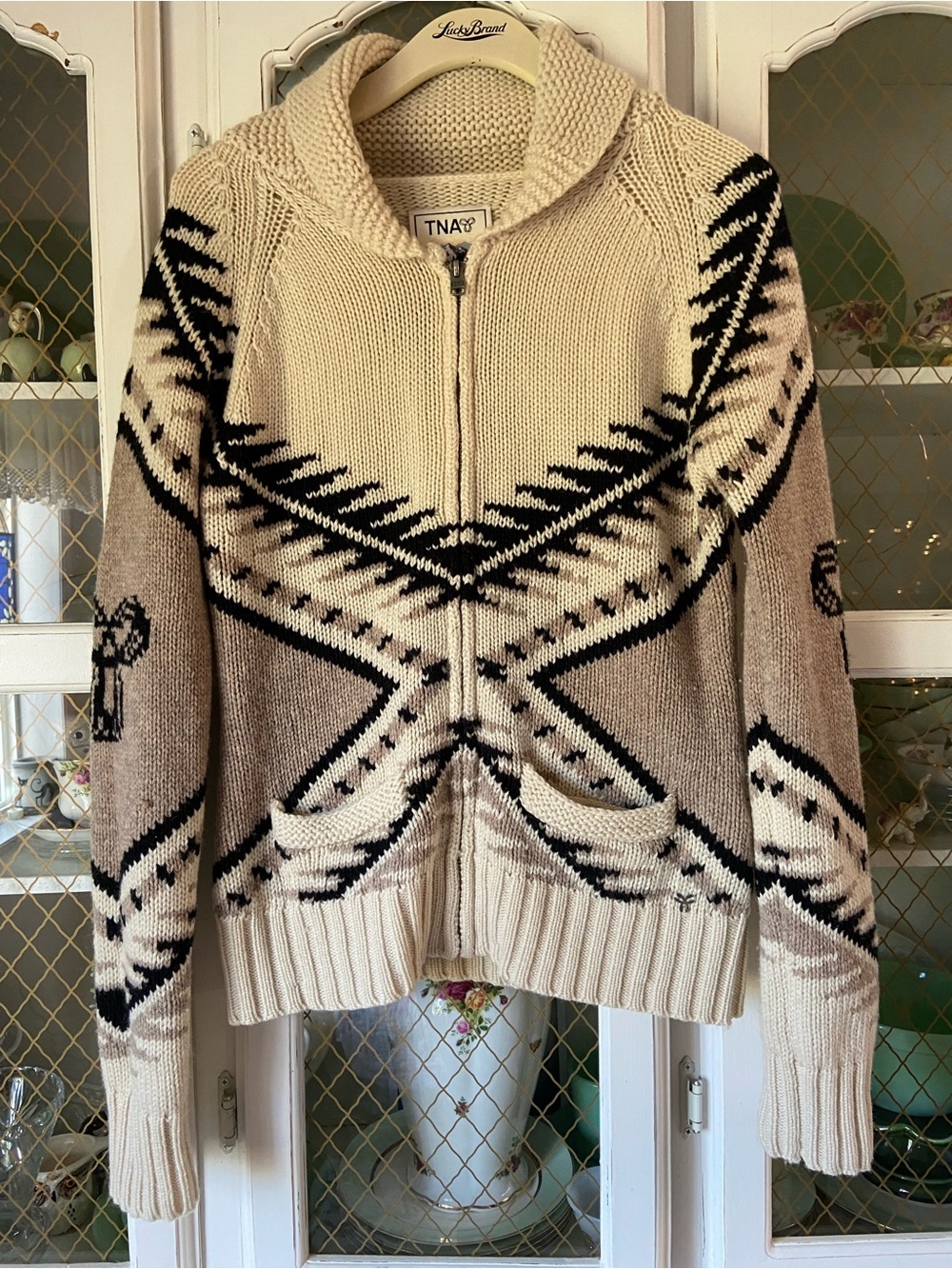 TNA Wool Zip Up Aritiza Cardigan Cozy Fall
Winter Chunky Knit Grey Cream Pockets - Picture 7 of 12